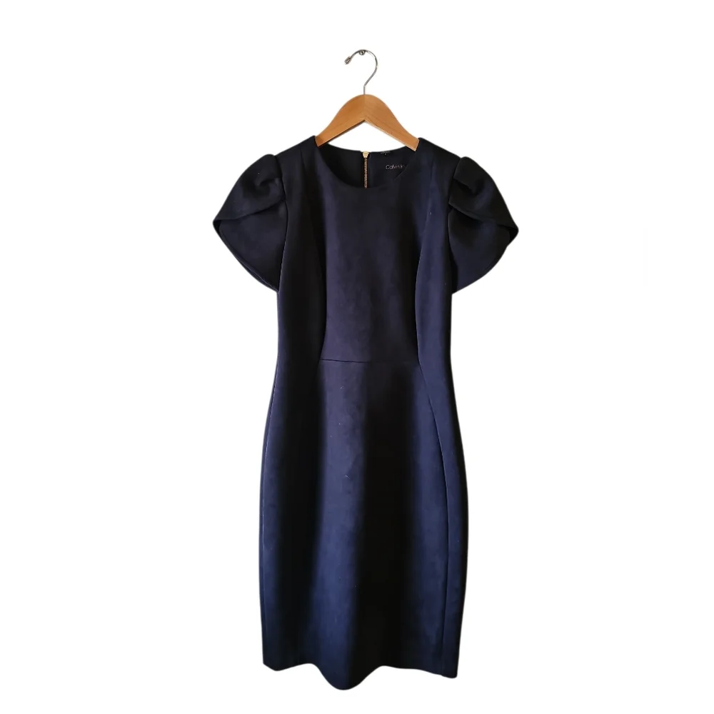 Calvin Klein Faux Suede Tulip  Short-Sleeve Sheath Dress - Navy Blue Sz 4